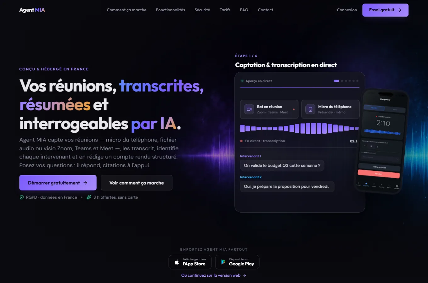 Page d'accueil du site Agent MIA