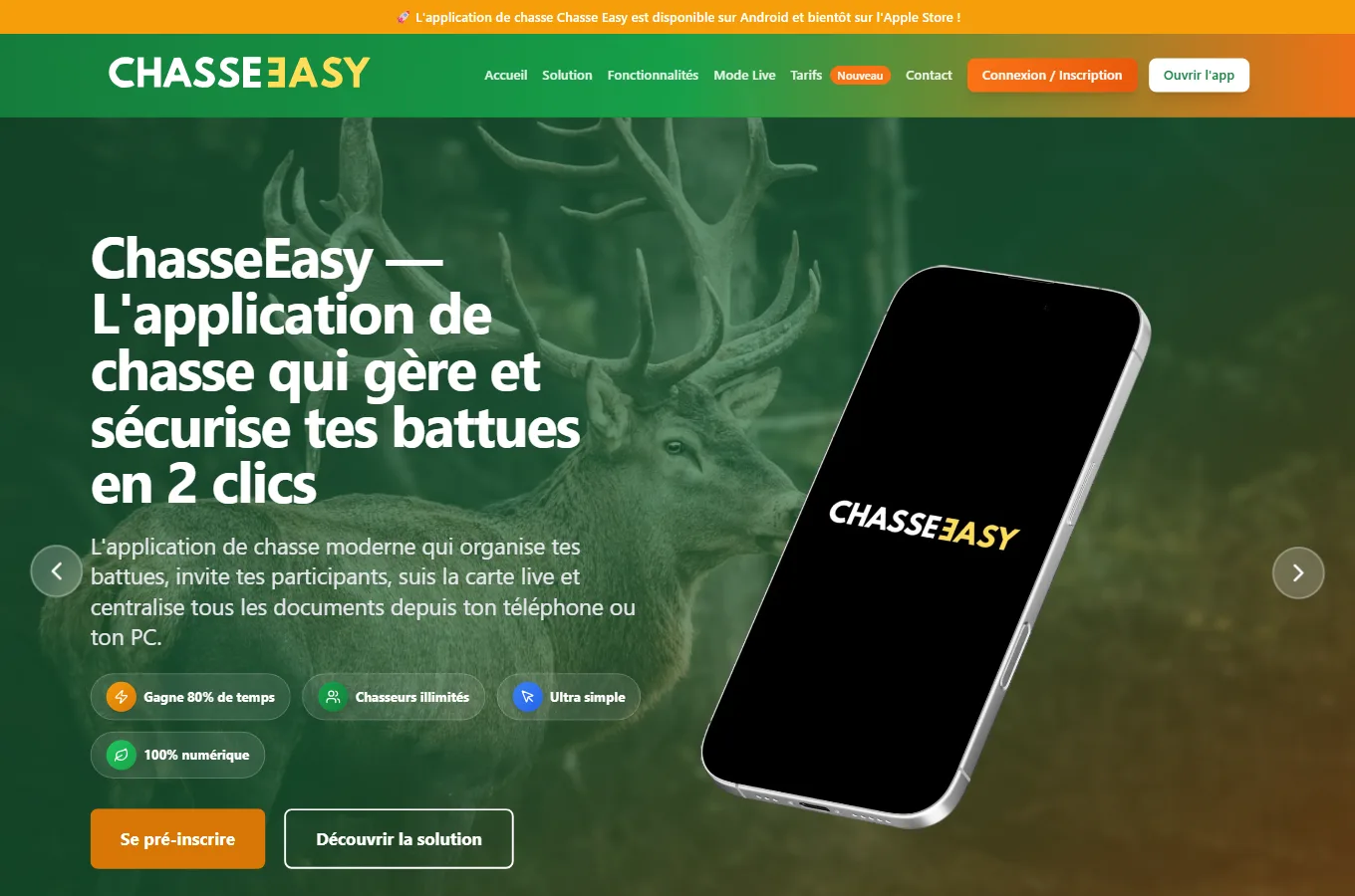 Page d'accueil du site ChasseEasy