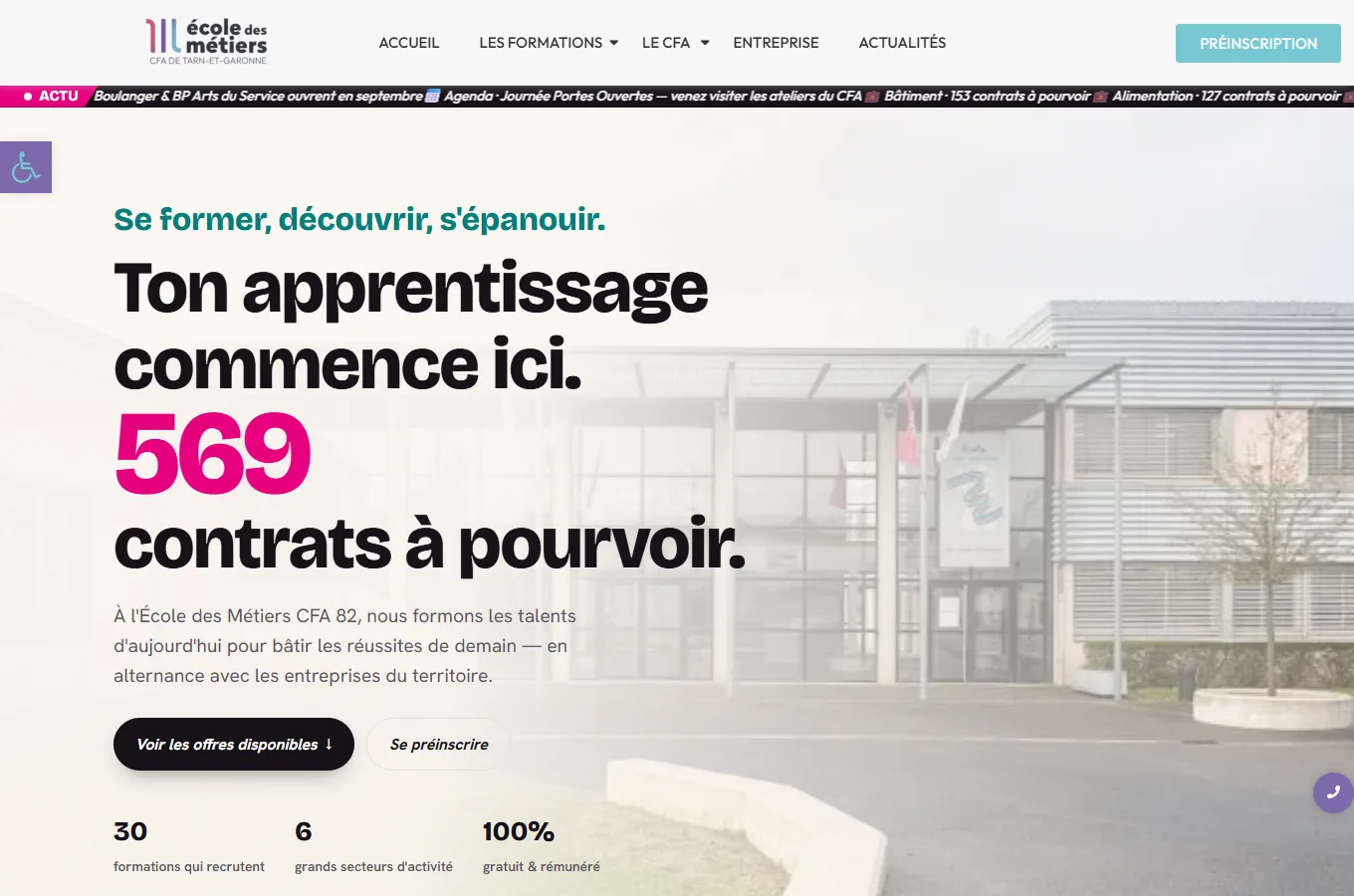 Page d'accueil du site École des Métiers CFA 82, réalisé par IF2M