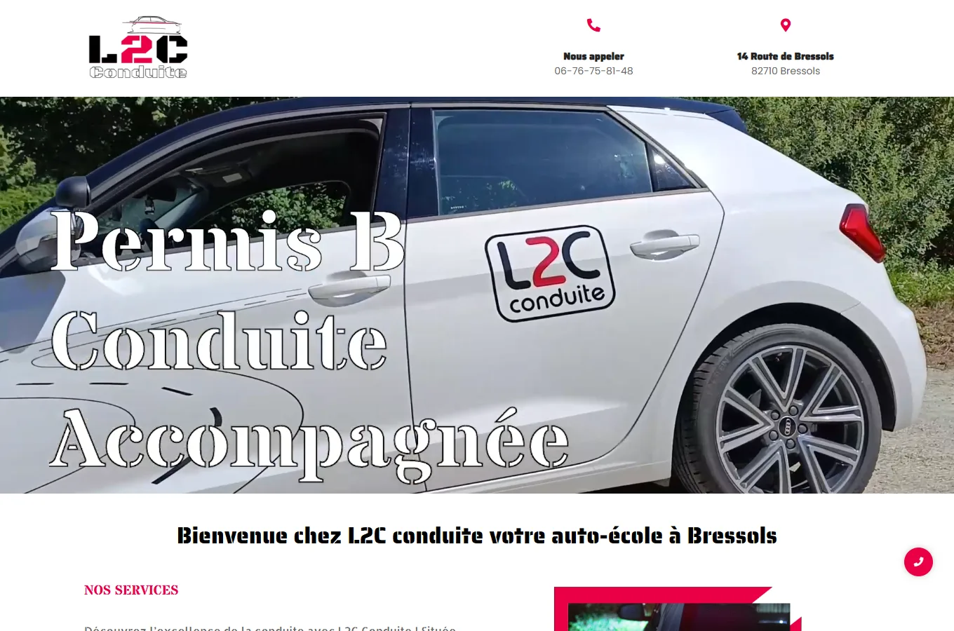 Page d'accueil du site L2C Conduite, réalisé par IF2M